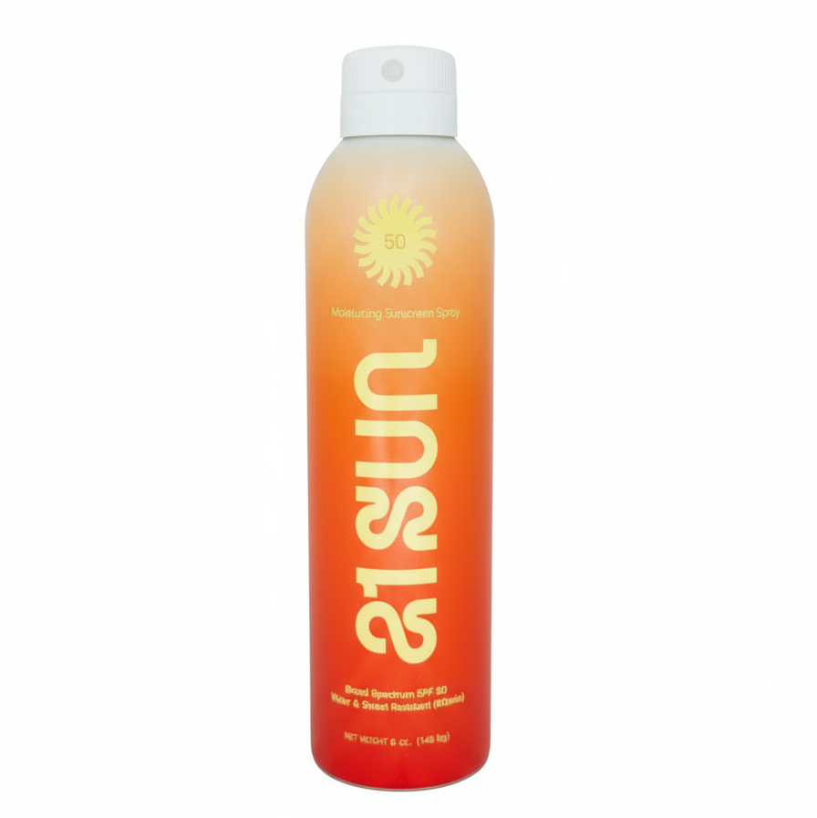 Sunscreen spray bottle with orange gradient and 'Sun' branding on a white background